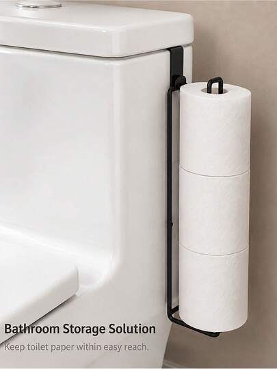 2pcs Set 1 Long Toilet Paper Holder + 1 Storage Quick Clip, Drill-Free Hanging Design, Suitable For Toilet Tank, Cabinet Door And Wall, Black Minimalist Paper Roll Holder, Bathroom And Kitchen Storage