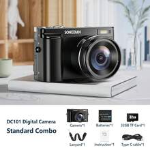 SONGDIAN 4K 30fps 超高清 4800 万像素数码相机，配备 32GB TF 卡、850mAh 可充电电池、16 倍光学变焦、3 英寸 180° 可旋转翻转屏，是视频博客和视频拍摄的理想之选，便携入门级设计，也是馈赠佳品。 - Camera + Filter - 查看 9