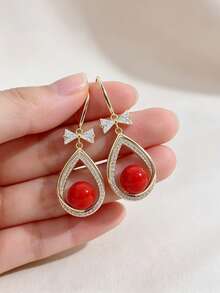 1 Pair Of Fashionable Personalities Bowknot Faux Pearl Earrings Suitable For Women's Daily Commuting ﻿ - Red - View 4
