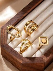 4pcs Summer Elegant Stainless Steel Rhombus Oval Geometric Rhinestone Women's Stackable Ring Set, Suitable For Daily Wear, Dating, Afternoon Tea, Store Visiting, Party, Atmosphere Accessory, Open Adjustable - Gold - View 6