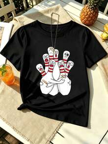 Divertida camiseta extragrande con motivo de bolos, material de primera calidad, corte holgado, ajuste cómodo, estilo casual, estampado artístico. - Negro - Ver 2
