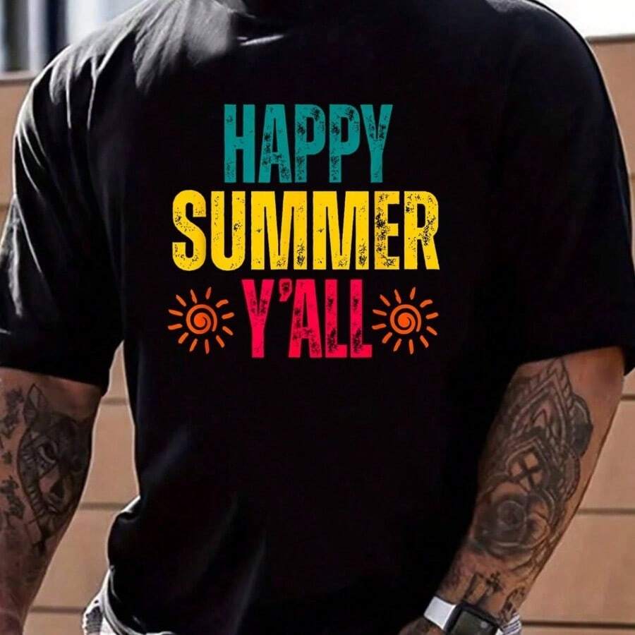100% Cotton Happy Summer Y'all Sunshine Vibes Text T-Shirt Street Hip-Hop Style Men's T-Shirt - Black - View 1