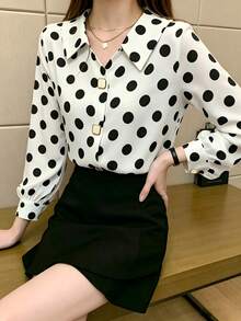 女款波點圖案時尚長袖設計成熟港風緞面襯衫 - 白色 - 查看 3