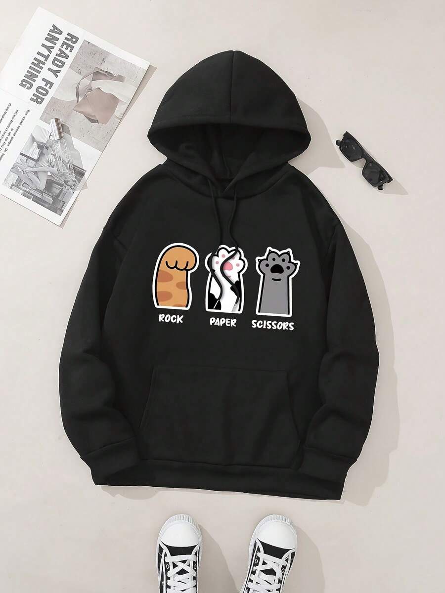 Three Cat Paws Graphic Print Hoodie, Drawstring Casual Hooded Sweatshirt For Winter & Fall, Women's Clothing - Black - View 1