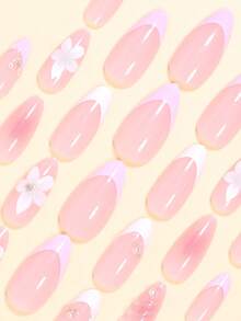 24pcs Almond Shape Classic Versatile Sweet Girl Style White Pink Striped Tie Dye Fake Nails Elegant 3D Glue-On Flower Pearl Silver Bead Press-On Nails Suitable For Women Wedding Date Daily Wear Independence Day Removable Press-On Nail Set With Jelly Glue And Nail File Jelly Glue Randomly Shipped - Multicolor - View 3