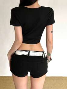 Women's Exquisite V-Neck Short Sleeve Knit Mid-Stretch Cropped T-Shirt, Front Tie Design, Printed Pattern - Black - View 7