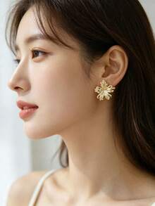 6-18PCS Gold Fashionable Elegant Earring Set, 3D Flower Glossy C-Shaped Design, Suitable For Daily Casual, Commute, Vacation, Wedding Wear - Gold - View 6