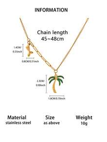1pc Green Enamel Palm Tree Pendant Necklace, Women's Coconut Tree Stainless Steel Necklace, Tropical Bohemian Style Summer Beach Vacation Jewelry - Palm Trees - View 11