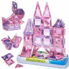 Mini Glitter Color Window Magnetic Building Blocks In Pink & Purple Tone 38/72Pcs With Iron Storage Box, Sparkly Transparent Bricks For DIY Castle Assemble, Free Splicing Stacking Toy, Cute Girly Educational Gift For Kids Birthday - Multicolor - View 7