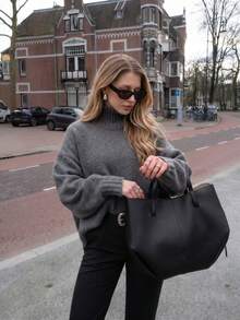 Oversized High Neck Loose Knit Sweater For Women, European And American Stylish Dark Grey, Suitable For Winter Fall - Dark Grey - View 6