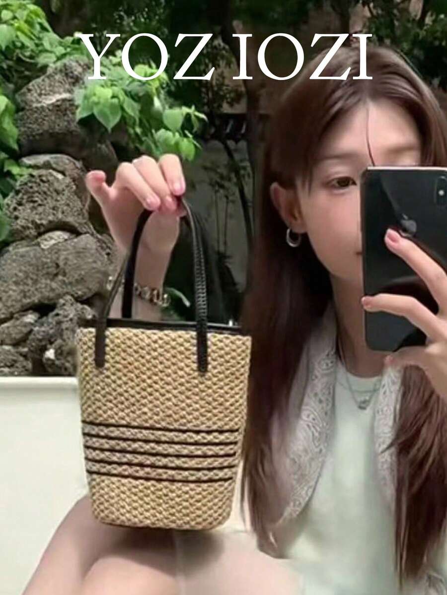 韓系小眾設計時尚精緻熱門草編手提包，小托特包，適合上班通勤，百搭手提包、斜挎包、水桶包 - 淺卡其色 - 查看 1