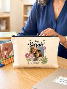 Custom Photo Canvas Zipper Pouch Personalized Teacher Name Floral Butterfly Frame Makeup Bag, Custom Upload Picture Teacher Appreciation Gift With Daisy Border, Stationery Cosmetic Storage Bag For Teacher's Day Back To School Daily Carry Organizer - Multicolor - View 6