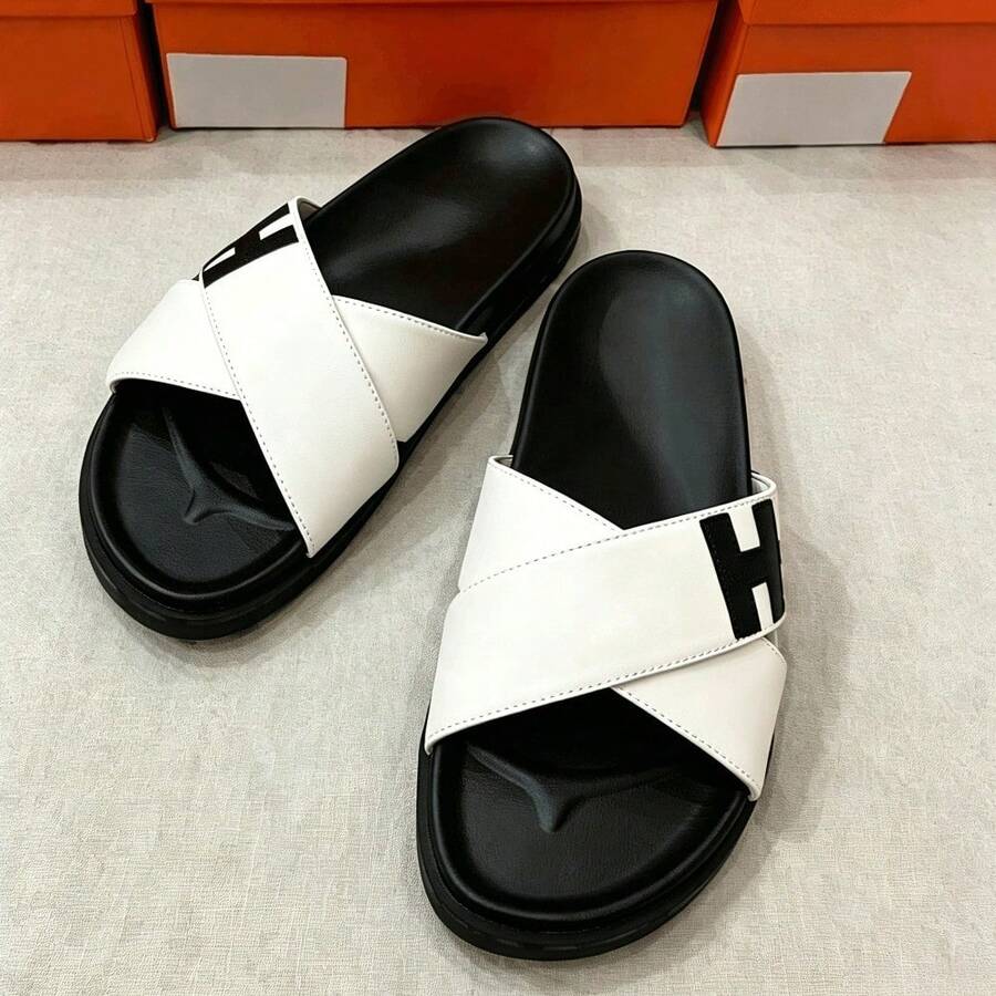 New H-Style Slippers, Couple Slide Sandals, Casual Single-Strap Slides For Outdoor Wear - 白色 - 查看 1