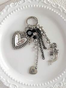 1pc,Y2K Gothic Heart Bag Charm Keychain Cross Pendant Korean Punk Purse Charm Metal Beaded Bag Accessory For Women - Multicolor - View 6