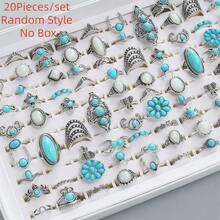 20 piezas/Set Anillos Vintage Bohemios de Turquesa, Conjunto de Anillos de Dedo de Estilo Vintage Mixto con Piedras Preciosas Falsas Azules para Mujeres, Regalo para Fiestas, Estilos Vintage Aleatorios - 20 anillos de turquesa al azar - Ver 7