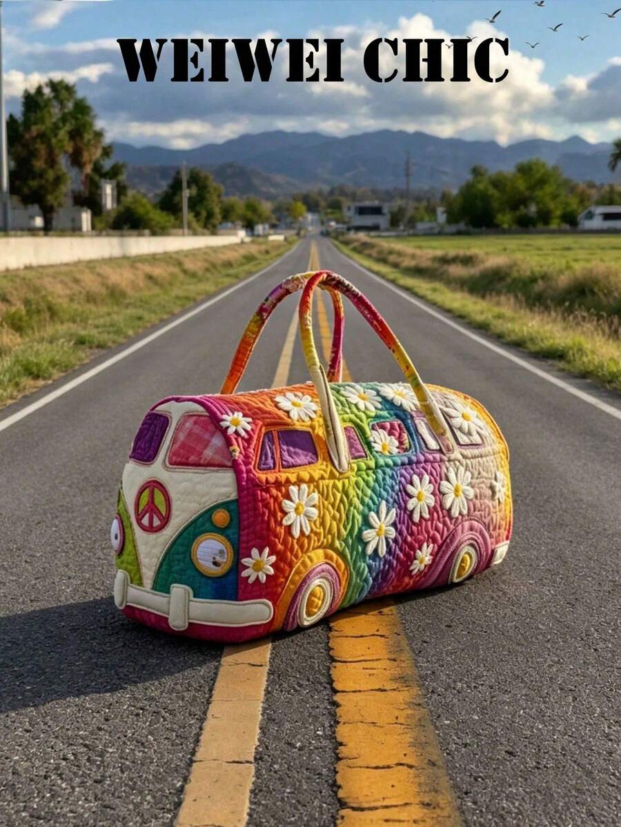 彩色廂型車造型過夜包,花卉貼布漸層彩虹設計輕量手提包,適合度假與戶外休閒 - 彩色 - 查看 1