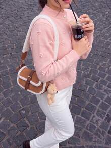 Fall Winter Women 3D Flower Knit Cardigan Xmas New Year Button Casual Long Sleeve Outerwear - Pink - View 5