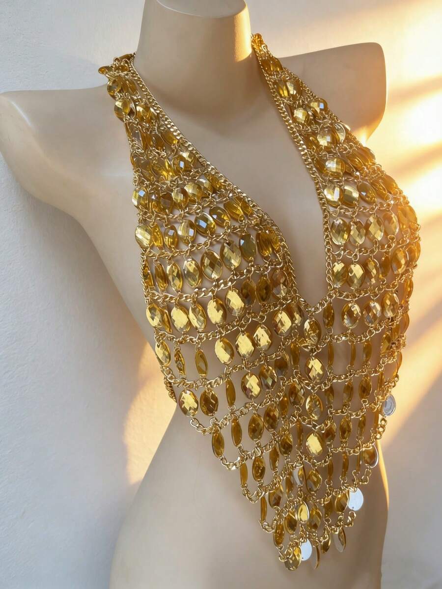1pc Y2K Sexy Style Luxury Gemstone Metal Body Chain, Eye-Catching Accessory For Parties, Perfect Gift For Women