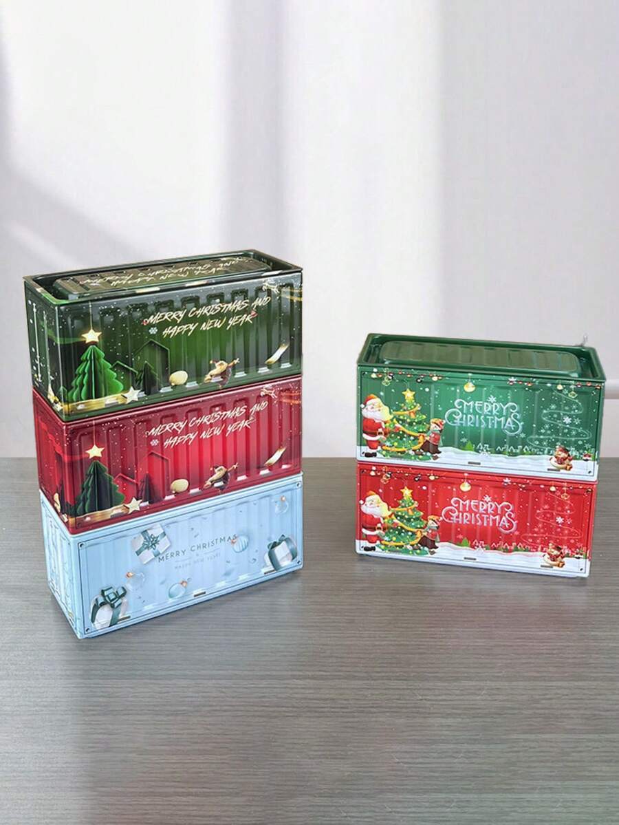Christmas Container Shaped Metal Tin Storage Box, Santa Claus Printed Stackable Iron Storage Can, Mini Gift Tin Jar, Festive Desktop Organizer, Christmas & Housewarming Gift Box, Suitable For Storing Candies, Jewelry And All Kinds Of Small Sundries - Multicolor - View 1