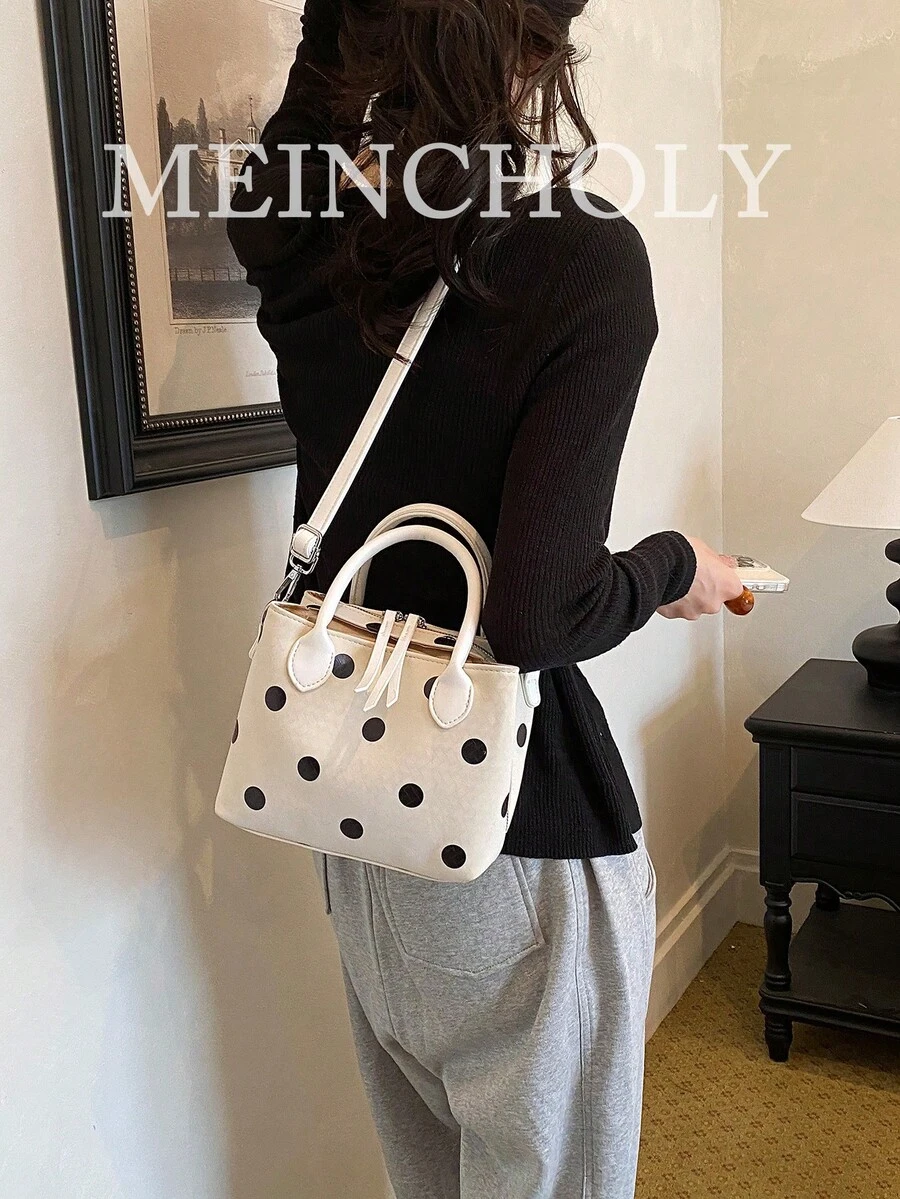 MEINCHOLY Woven Texture PU Handbag Crossbody Bag, Cream White With Black Polka Dot Minimalist Small Square Bag, All-Season Bestseller, Suitable For Daily Commute, Shopping, Sweet Date, Short Trip, Afternoon Tea Gathering, Targeted At 18-40 Years Old White-Collar, Moms, Students, Teachers, Gentle Girls, Dual Short Handles + Adjustable Wide Crossbody Strap As Differentiated Selling Point, Fresh Girly Style High-Traffic Gift Bag For Women - White - View 1