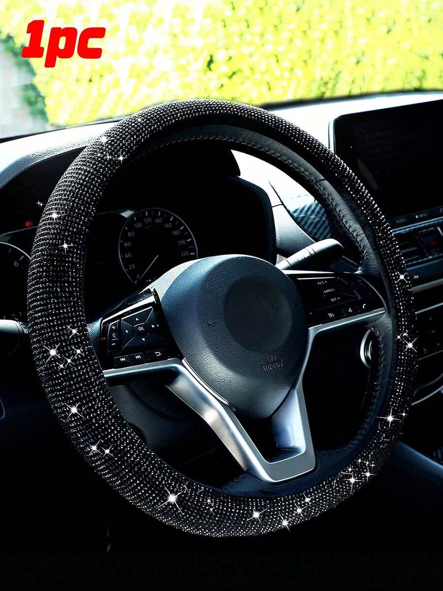 Full Rhinestone Studded No Inner Ring Steering Wheel Cover, Universal Anti-Slip Sparkling Diamond Steering Wheel Protector, Goddess Car Interior Decoration Accessory - A - View 1