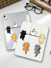 卡通貓攀爬平板保護殼，相容 iPad Mini6/7/Air/Air2/9.7/10.2/10.5/10.9 (Air4-Air8)/Pro 11/10th Gen/A16/Pro 11 2024 機型，雙面彩繪圖案平板殼，透明壓克力背殼，三折支架，自動休眠/喚醒，內建筆槽，產品不含筆，部分機型含相機框 - 彩色 - 查看 2