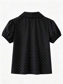 韓系甜美蕾絲拼接花瓣袖彼得潘領短版上衣 夏季 T-shirt 黑色波點 - 黑色 - 查看 5