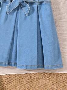 Vihyde Girls Korean Style Long Sleeve Inner Layer & Denim Pleated Pinafore Dress & Belt 3 Pieces Set - Light Wash - View 7