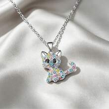 Rainbow Rhinestone Cat Pendant Necklace, Polished Silver Tone Kitten Pendant Necklace, Perfect For Women And Young Girls, Cute Animal Style Jewelry - Multicolor - View 3