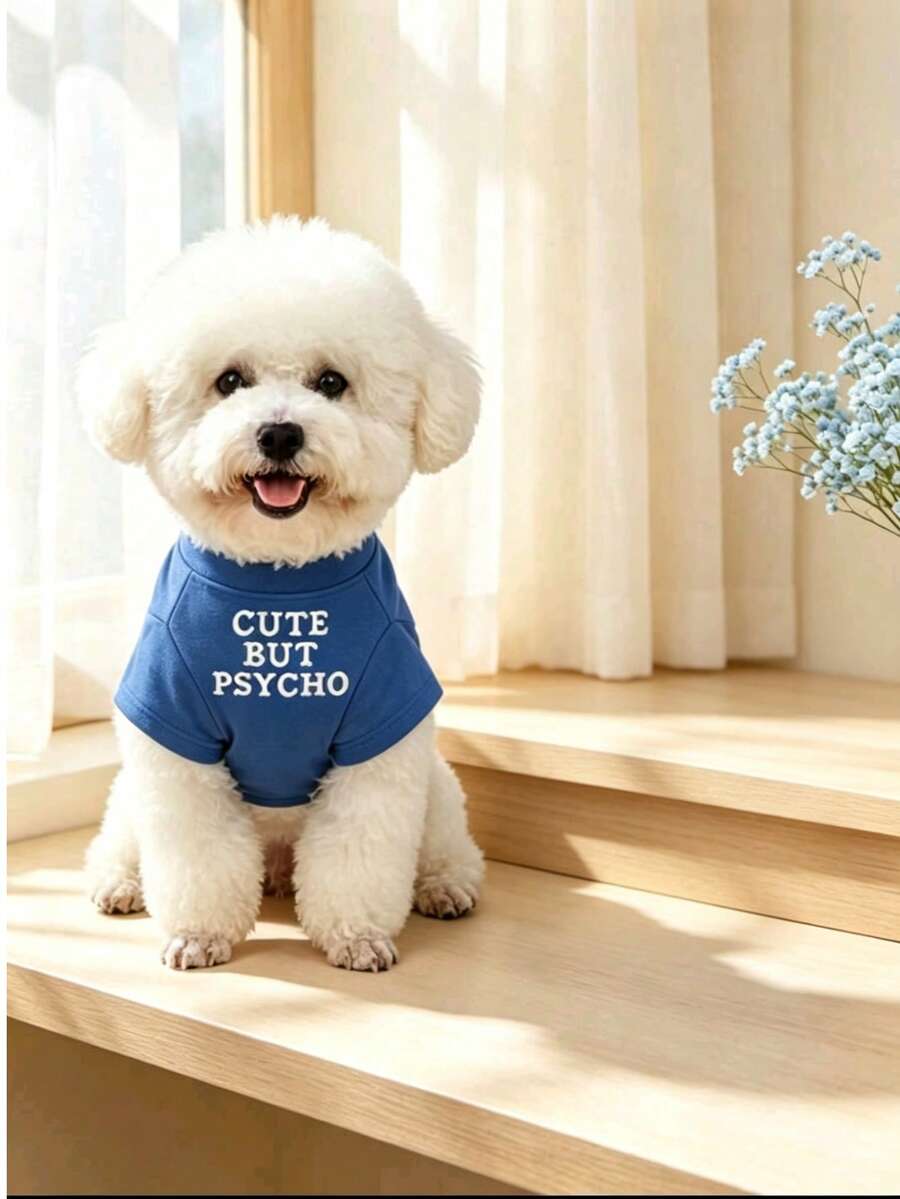 1 buah Kaos Leher Bulat Motif Huruf Biru, Cocok untuk Kucing dan Anjing Kecil. Sangat cocok untuk dipakai di rumah atau saat bepergian di musim apa pun. - Biru - View 1