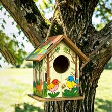 Hand-Painted Wooden Hanging Birdhouse, Forest Animal Bird & Deer Print Bird Nest, With Hanging Rope, Colorful Tiled Roof Bird Shelter, Outdoor Garden Backyard Tree Decoration, Gift For Bird Lovers - A - View 2
