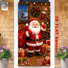 2D Flat 1 Piece Of Christmas-Themed Banner Background Fabric, Featuring Santa Claus Theme, Along With Christmas Tree, Gift Box, Christmas Wreath, Walking Stick Candy, Etc. For Christmas. Made Of Polyester Material, No Power Supply Required. - View 3