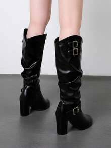 2026 Autumn/Winter New Chunky Heel Ruched Tall Boots With Belt Buckle, Wide Shaft High-Top Riding Boots For Women - Black - View 5