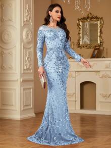 hezixi High-Quality Elastic Sequin Evening Gown, Featuring Sheer Round Neck Design, Slim Fit, Mermaid Hem, Unique Design Wedding Party - 藍色 - 查看 11