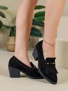 Autumn/Winter New Pointed Toe Tassel Rivet Decor Chunky Heel Loafers For Women, Versatile For Daily Commute, Party, Date - Black - View 6