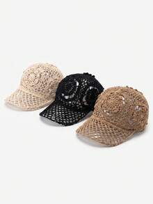 1pc Summer Hollow Handmade Crochet Baseball Cap/Vintage Handmade Woven Breathable Sun Hat/Adjustable Versatile Hat/Gift For Friends - Multicolor - View 4