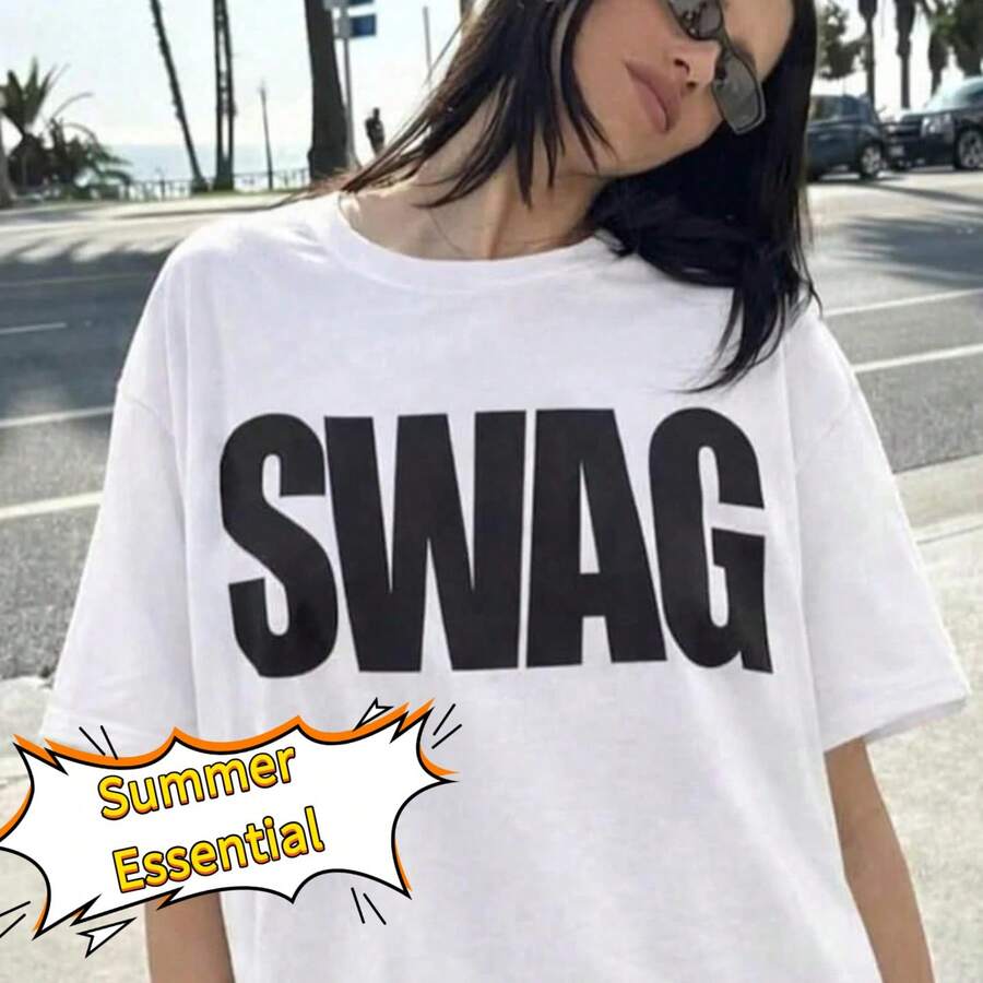 Unisex Kurzarm T-Shirt, Swag Y2K Slogan T-Shirt, Streetwear, Oversized - Weiss - Übersicht 1