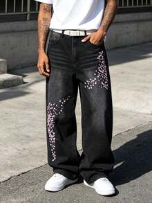 New Men's Black Wide Leg Loose Fit Denim Jeans With Floral Embroidery Street Style Casual Long Pants All Season - Black - View 3