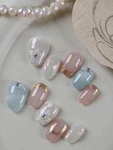 10pcs Press On Nails White Flower Blue Pink Golden Nails Press On Faux Ongles Handmade Press On Nails Supplies Fake Nails Short Office DailyWear False Nails Artificial Nails Kit Includes 1sheet Adhesive Tabs &1 Pc Mini File - Multicolor - View 2