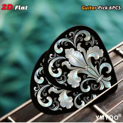 2D Flat 6pcs Guitar Picks Set, Pearl Mother-Of-Pearl Effect, Exquisite Floral And Scroll Design, Suitable For Professional Guitar Performance And Stage Shows, Comes With Storage Box