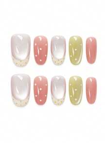 10Pcs Handmade Medium Oval Press On Nails, Milky Silver Cat Eye Soft Pink Matcha Base, Hand-Painted White Light Yellow Polka Dots, Fresh Tender Minimal Summer Daily Style - Multicolor - View 1