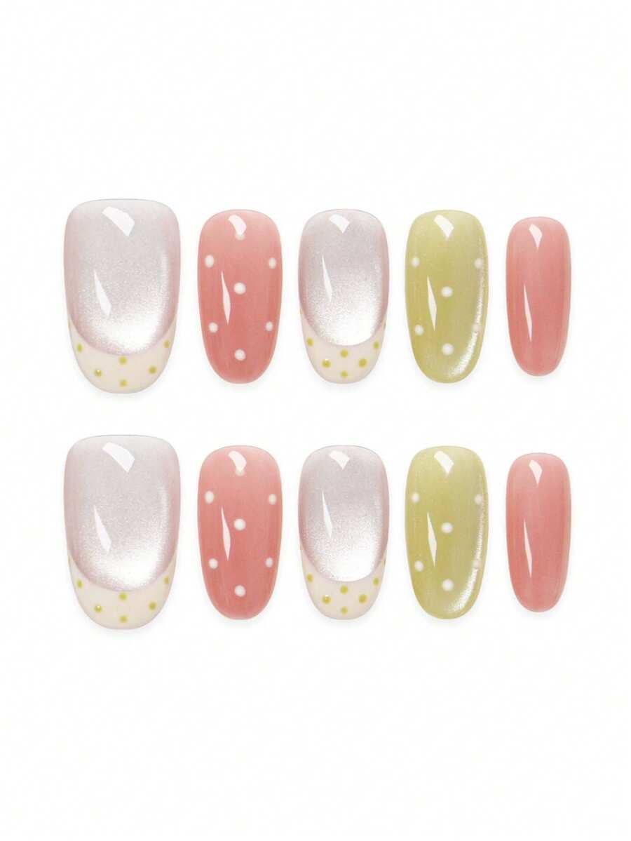 10Pcs Handmade Medium Oval Press On Nails, Milky Silver Cat Eye Soft Pink Matcha Base, Hand-Painted White Light Yellow Polka Dots, Fresh Tender Minimal Summer Daily Style - Multicolor - View 1