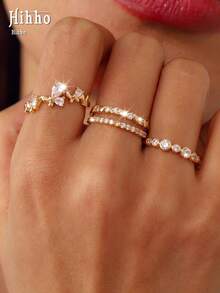 Hihho 3pcs/Set Cincin Berlian yang Dapat Dilepas dan Ditumpuk, Cincin Emas Indah Bentuk Kupu-kupu dan Gelembung Berpilin 3-in-1 - Set Cincin - View 4