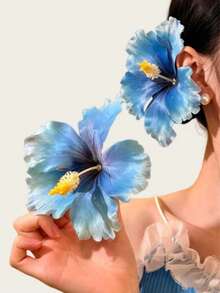 2pcs Women's High-End Elegant Beach Vacation Style Artificial Hibiscus Flower Hair Clips, Sweet Versatile Girl Travel Photo Hair Accessories, Artificial Flower Side Clip Hair Accessory Suitable For Daily Use - Blue - View 1