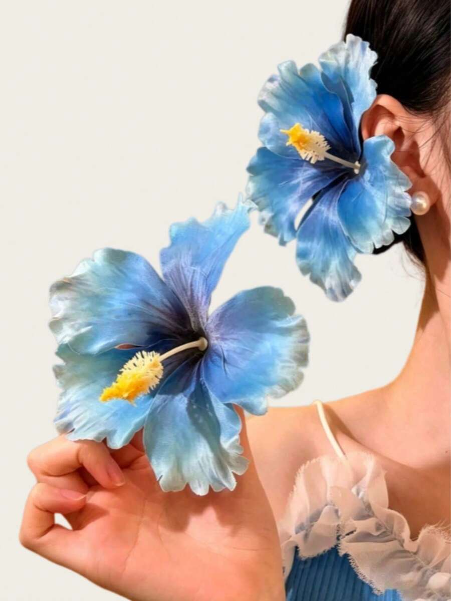 2pcs Women's High-End Elegant Beach Vacation Style Artificial Hibiscus Flower Hair Clips, Sweet Versatile Girl Travel Photo Hair Accessories, Artificial Flower Side Clip Hair Accessory Suitable For Daily Use - Blue - View 1