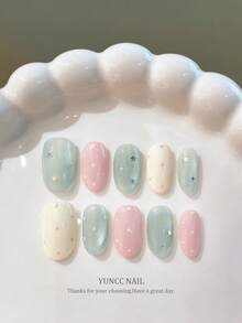 10pcs Handmade Short Almond Press On Nails, Sweet Pastel Macaron Multicolor Jelly Base With Tiny White Polka Dots & Iridescent Star Sequins, Cute Y2K Reusable Fake Nails For Summer Daily Campus Dating - Multicolor - View 3