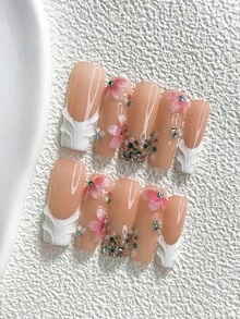 10Pcs Sweet Style Handmade Press On Nail,Polygel Nail Set,Features Hand Painted Floral And Rhinestone Elements,White And Pink Nail Polish,Elegant Style,Includes Nail Tools,3 Sizes Available,Almond,Duck,Coffin Nails For Party,Dance,Daily Wear. - 彩色 - 查看 16