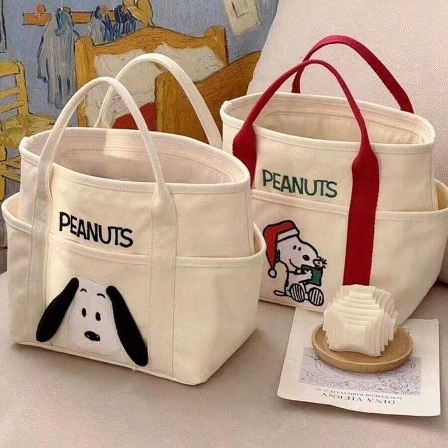 حقيبة قماشية مطرزة برسومات كرتونية Snoopy، حقيبة يد/كتف بسعة كبيرة، هدية صغيرة مثالية للمعجبين والعائلة والأصدقاء، 1 قطعة - متعدد الألوان - مشاهدة 1