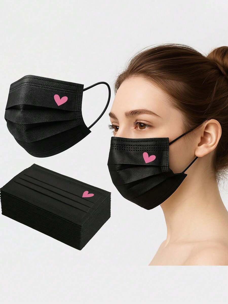 40pcs Cute Pink Heart Print Face Masks - Elastic Breathable Masks, Suitable For Women And Teens, Washable, Fashionable Daily Accessory, Fun Design, Comfortable To Wear, Valentine's Day Outfit - Multicolor - View 1