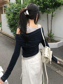 女款韓式簡約 2 合 1 百褶長袖 T 恤休閒款 - 藏青色 - 查看 5